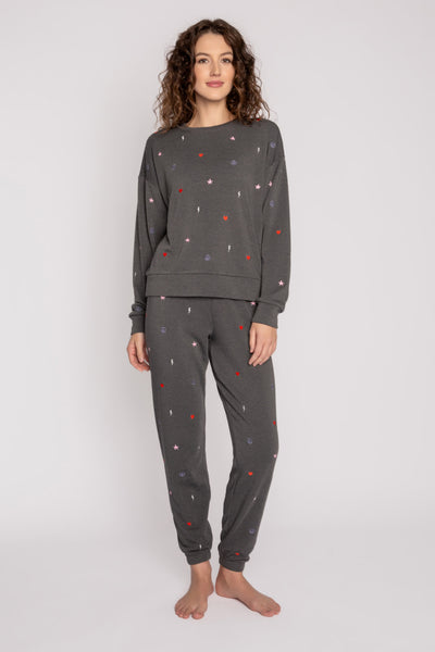Lounge set top & jogger in dark grey fleece. Mini peace-heart-star all-over embroidered pattern. (7257679888484)