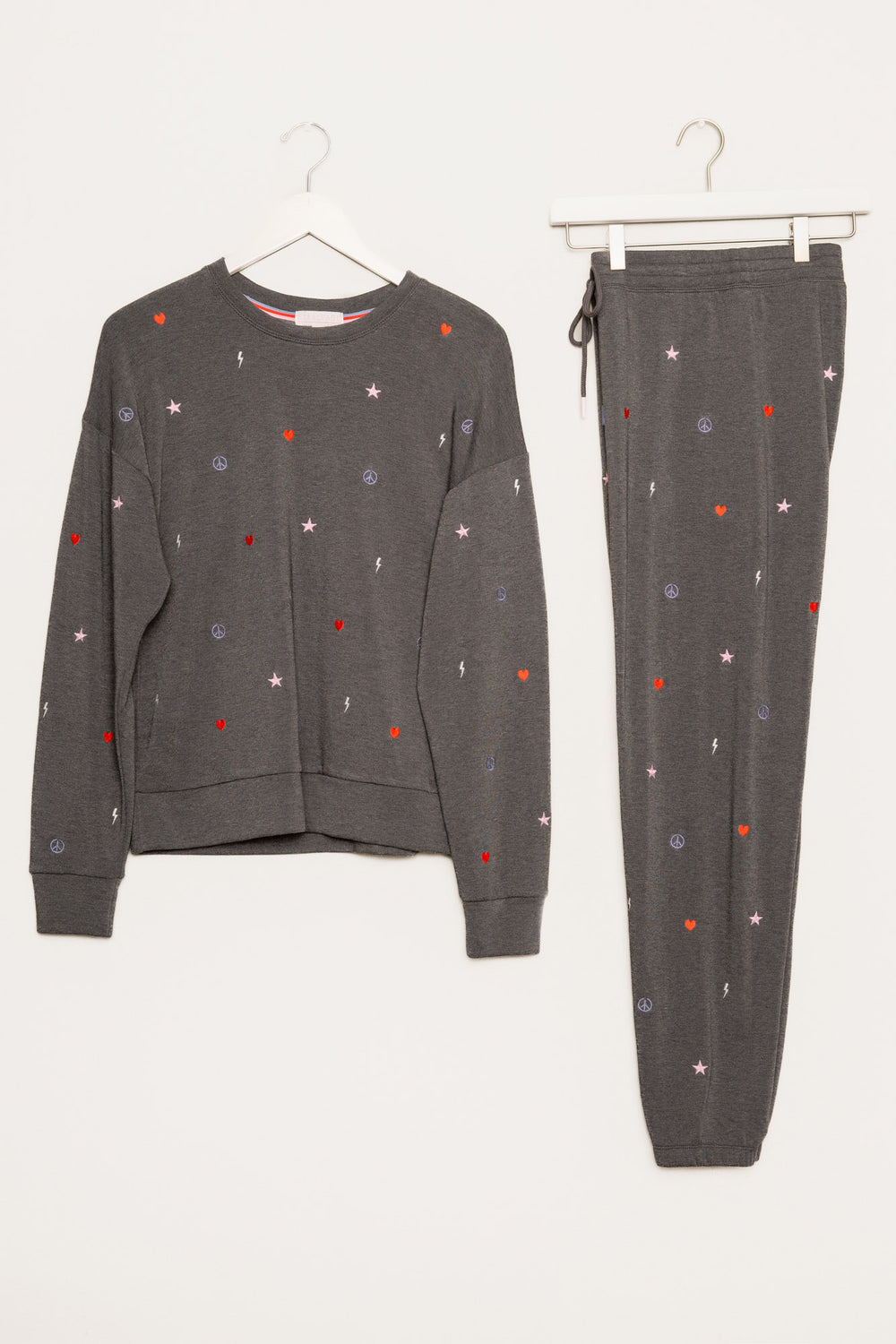 Lounge set top & jogger in dark grey fleece. Mini peace-heart-star all-over embroidered pattern. (7257679888484)