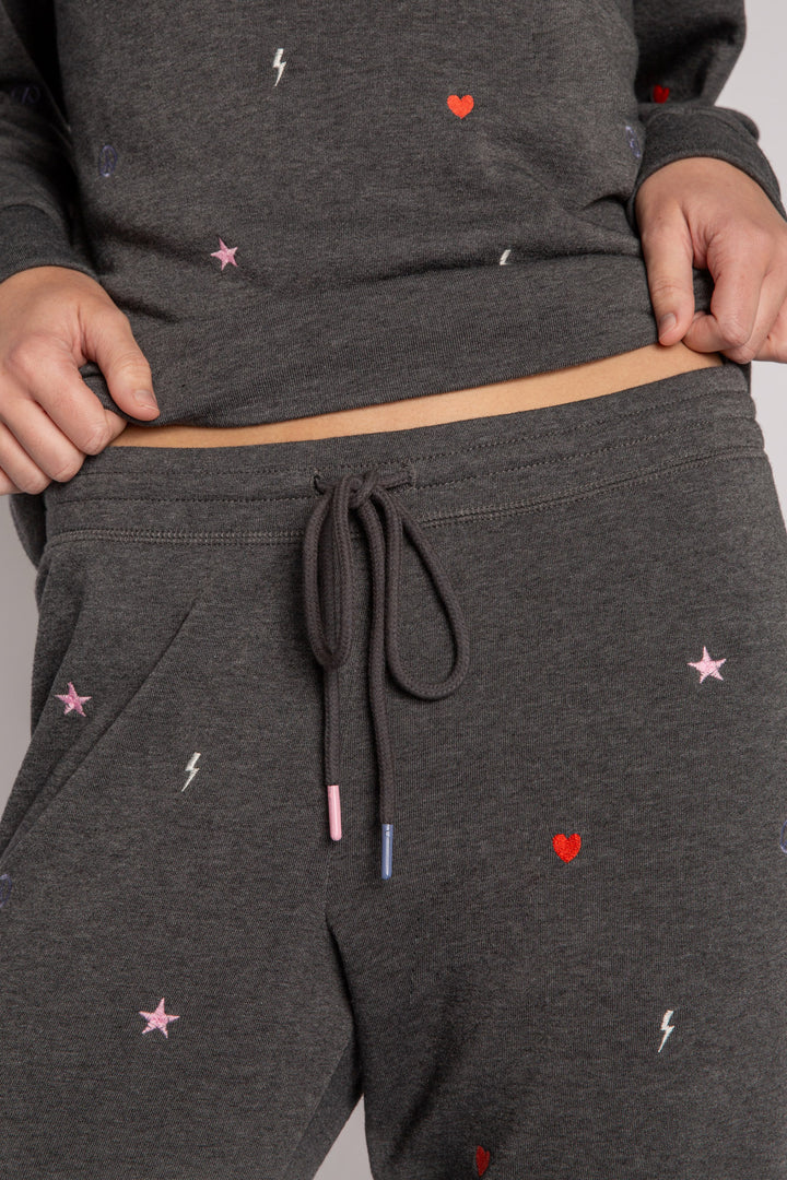 Lounge set top & jogger in dark grey fleece. Mini peace-heart-star all-over embroidered pattern. (7257679888484)