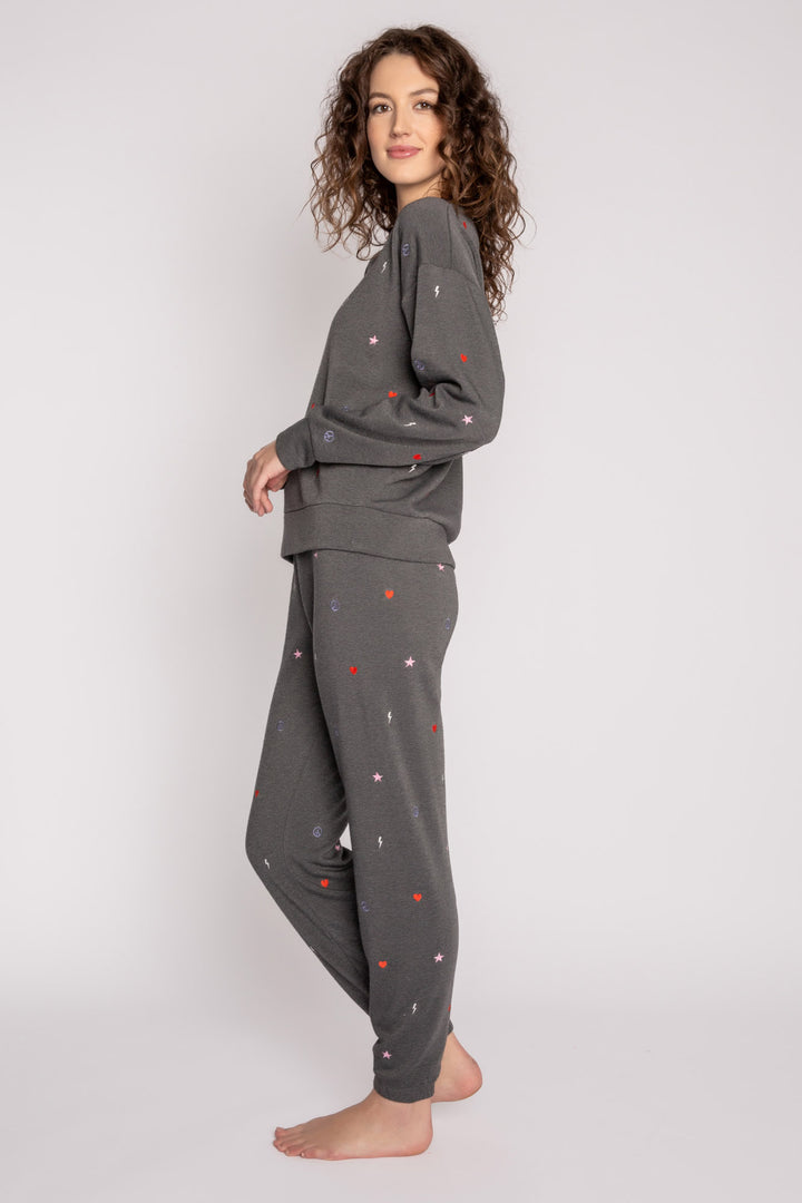 Lounge set top & jogger in dark grey fleece. Mini peace-heart-star all-over embroidered pattern. (7257679888484)