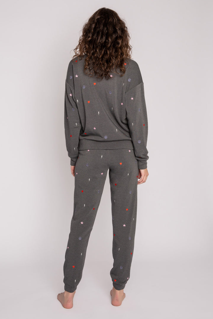 Lounge set top & jogger in dark grey fleece. Mini peace-heart-star all-over embroidered pattern. (7257679888484)