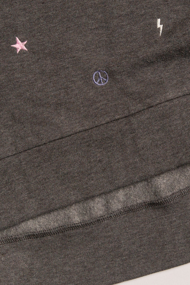 Lounge set top & jogger in dark grey fleece. Mini peace-heart-star all-over embroidered pattern. (7257679888484)