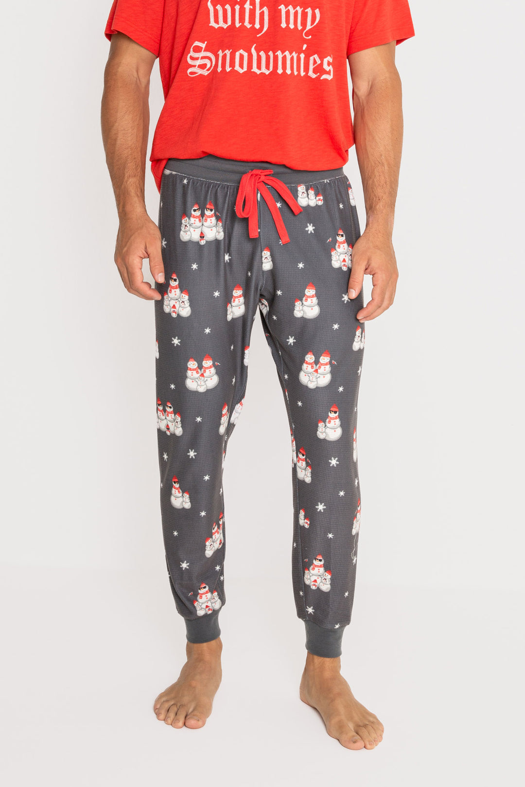 Men's pajama pant in grey thermal velour with festive snowman print. Red tie-waist. (7257679921252)