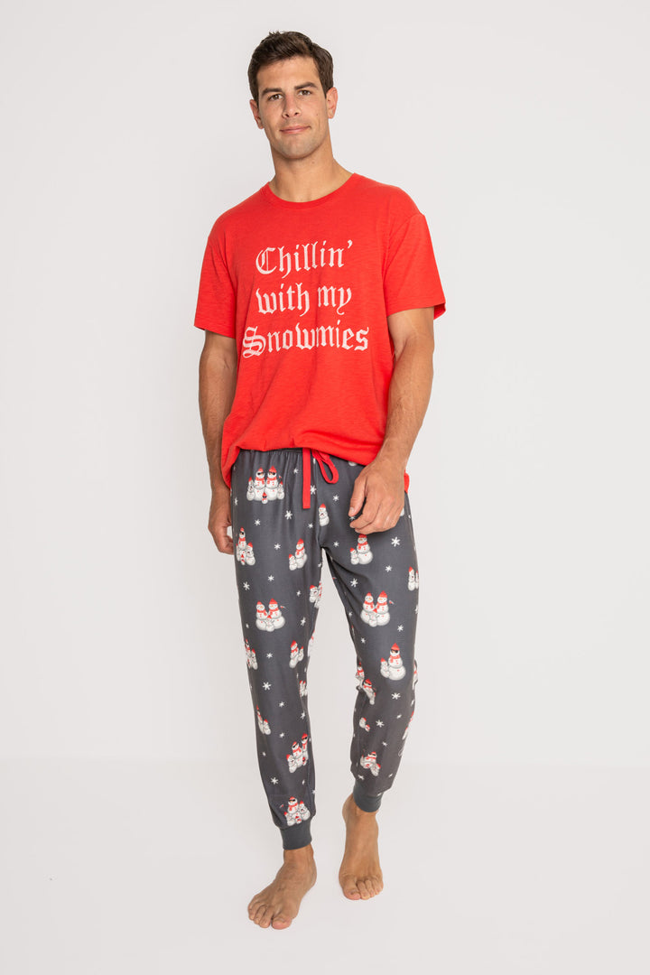 Men's pajama pant in grey thermal velour with festive snowman print. Red tie-waist. (7257679921252)