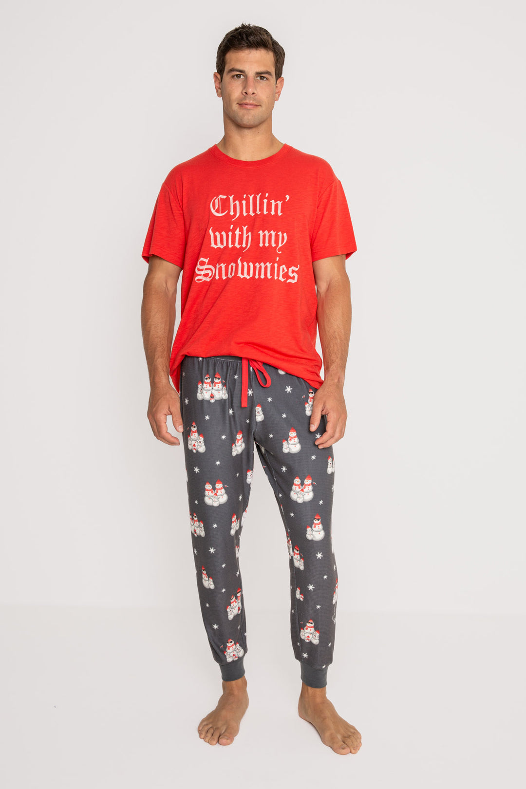 Men's pajama set. Grey thermal velour pant in snowman print & red t-shirt w/'Chillin with my Snowmies' (7257679954020)