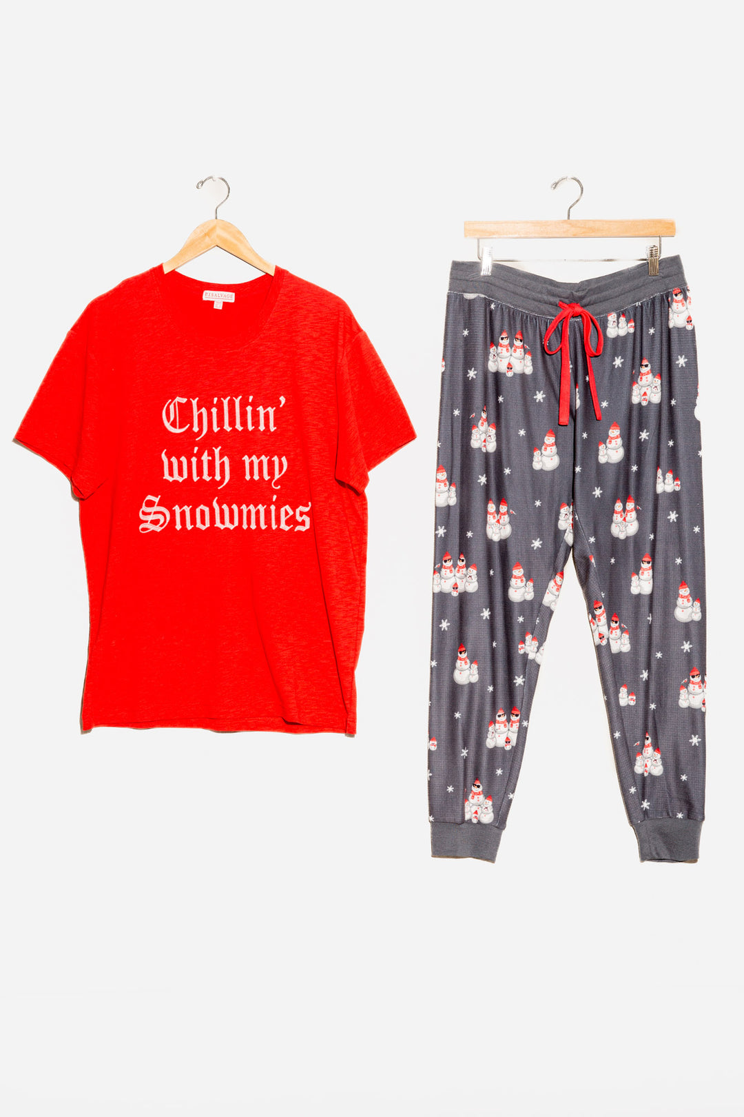 Men's pajama set. Grey thermal velour pant in snowman print & red t-shirt w/'Chillin with my Snowmies' (7257679954020)