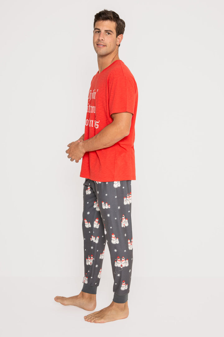 Men's pajama set. Grey thermal velour pant in snowman print & red t-shirt w/'Chillin with my Snowmies' (7257679954020)