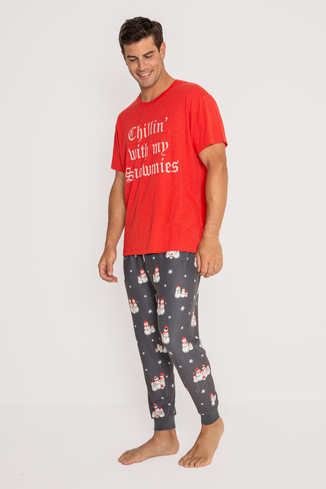 Men's pajama set. Grey thermal velour pant in snowman print & red t-shirt w/'Chillin with my Snowmies' (7257679954020)