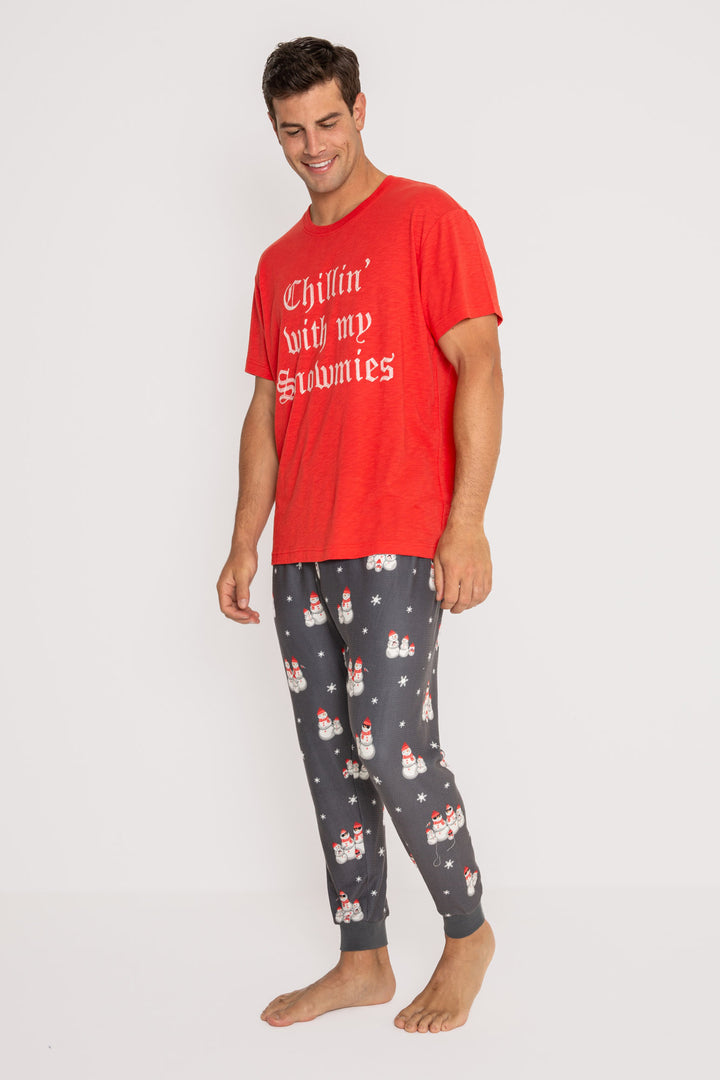 Men's pajama set. Grey thermal velour pant in snowman print & red t-shirt w/'Chillin with my Snowmies' (7257679954020)