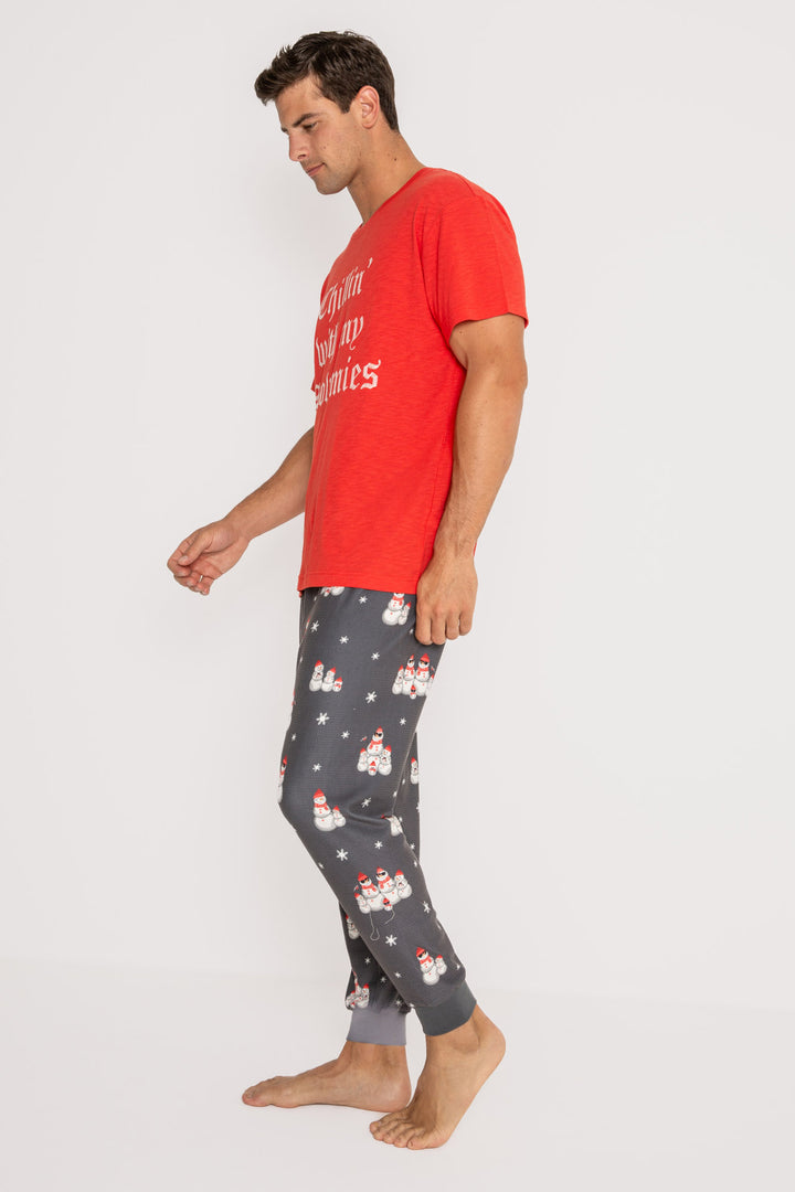 Men's pajama set. Grey thermal velour pant in snowman print & red t-shirt w/'Chillin with my Snowmies' (7257679954020)