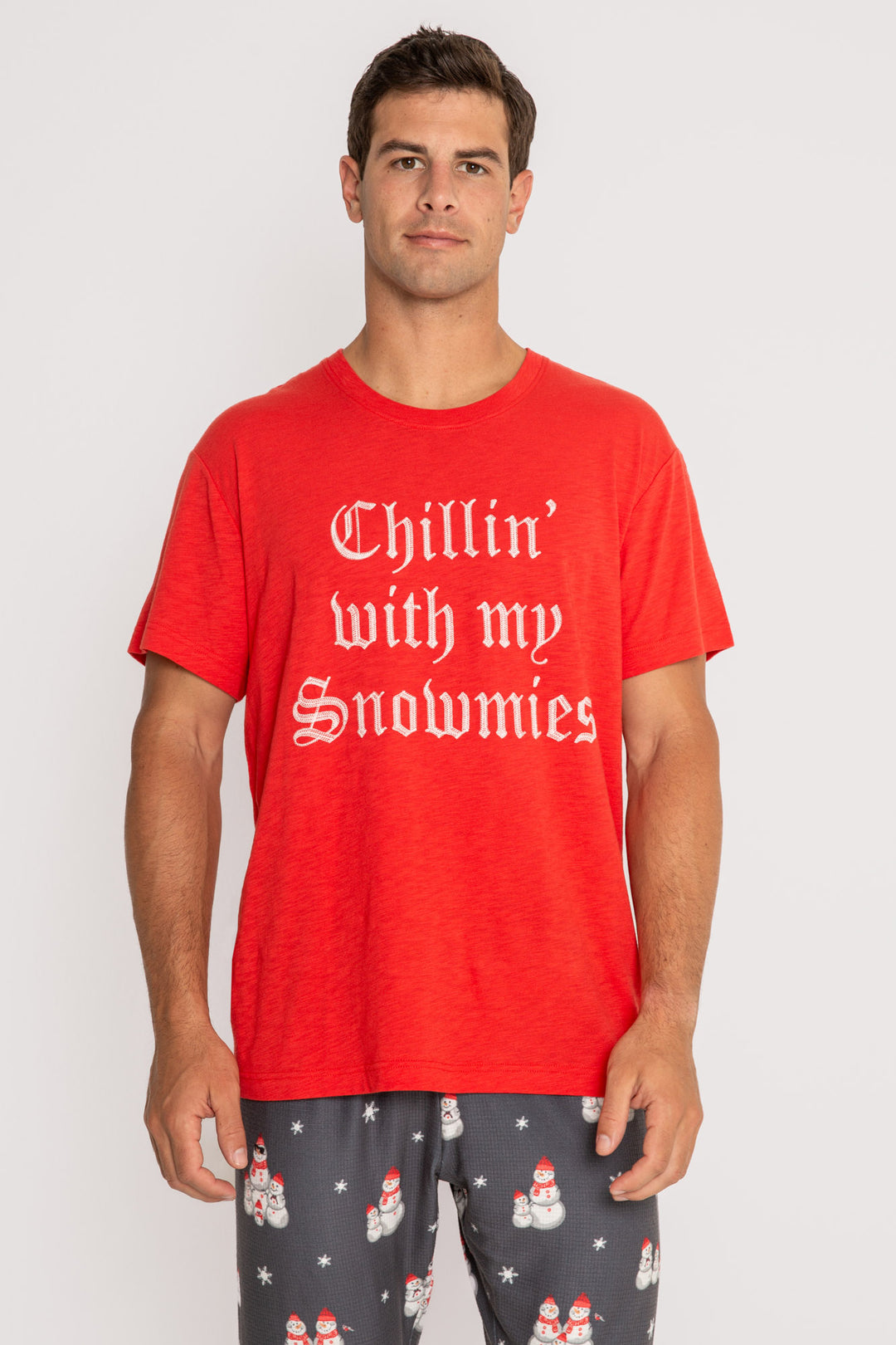 Men's red sleep t-shirt in cotton blend jersey. White embroidery on chest. (7257679986788)