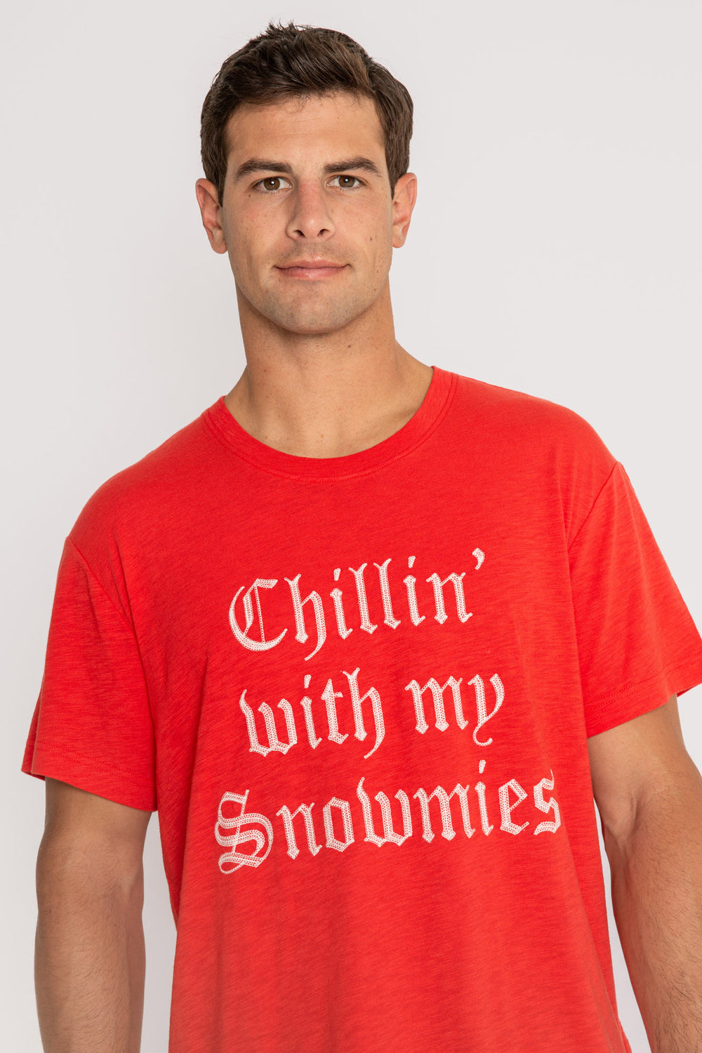 Men's red sleep t-shirt in cotton blend jersey. White embroidery on chest. (7257679986788)