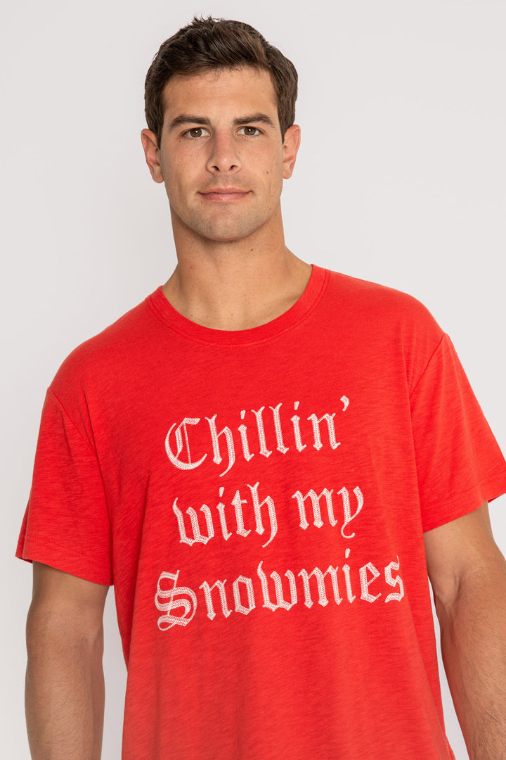 Men's red sleep t-shirt in cotton blend jersey. White embroidery on chest. (7257679986788)