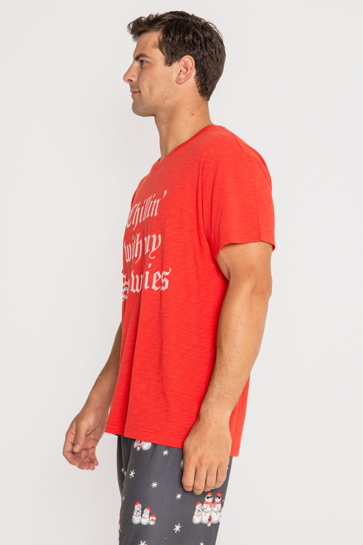 Men's red sleep t-shirt in cotton blend jersey. White embroidery on chest. (7257679986788)