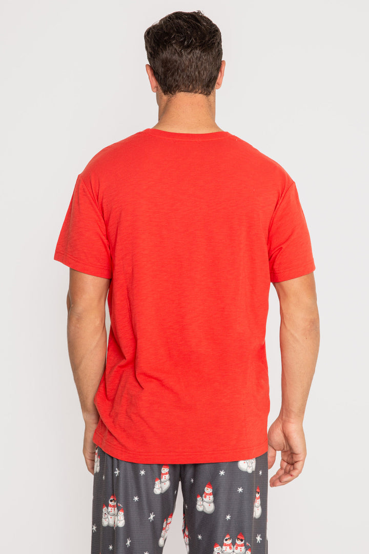Men's red sleep t-shirt in cotton blend jersey. White embroidery on chest. (7257679986788)