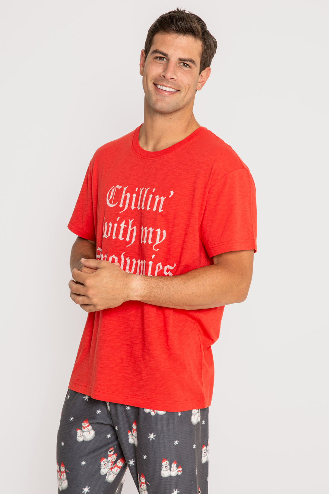 Men's red sleep t-shirt in cotton blend jersey. White embroidery on chest. (7257679986788)