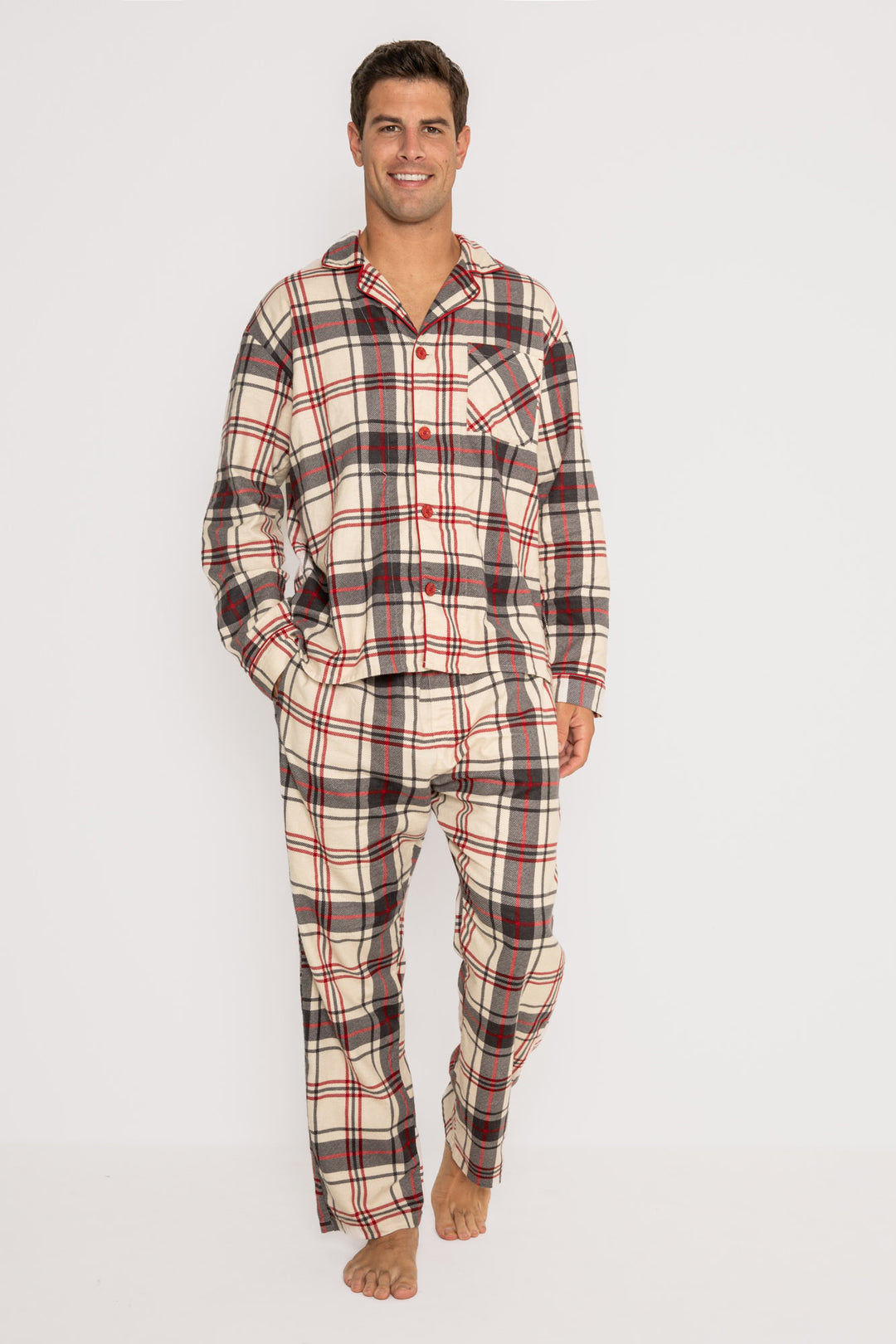 Men's cotton flannel pajama set in tan-red-grey plaid. Button top & tie-waist pj pant, relaxed fit. (7257680019556)