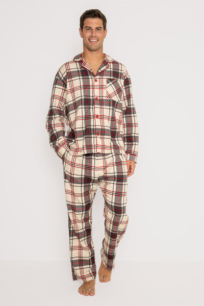 Men's cotton flannel pajama set in tan-red-grey plaid. Button top & tie-waist pj pant, relaxed fit. (7257680019556)