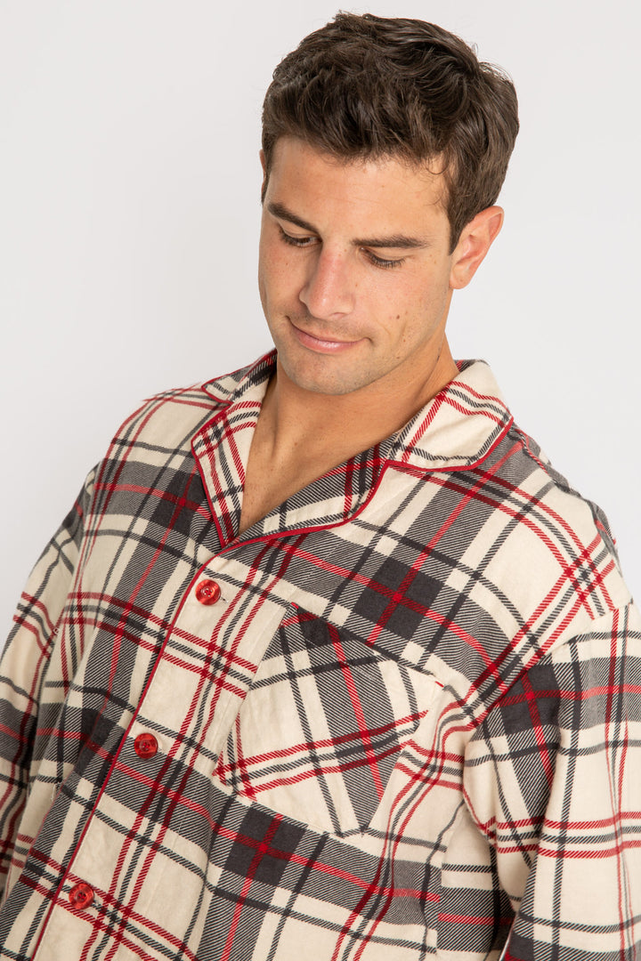 Men's cotton flannel pajama set in tan-red-grey plaid. Button top & tie-waist pj pant, relaxed fit. (7257680019556)
