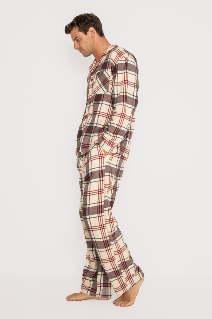 Men's cotton flannel pajama set in tan-red-grey plaid. Button top & tie-waist pj pant, relaxed fit. (7257680019556)