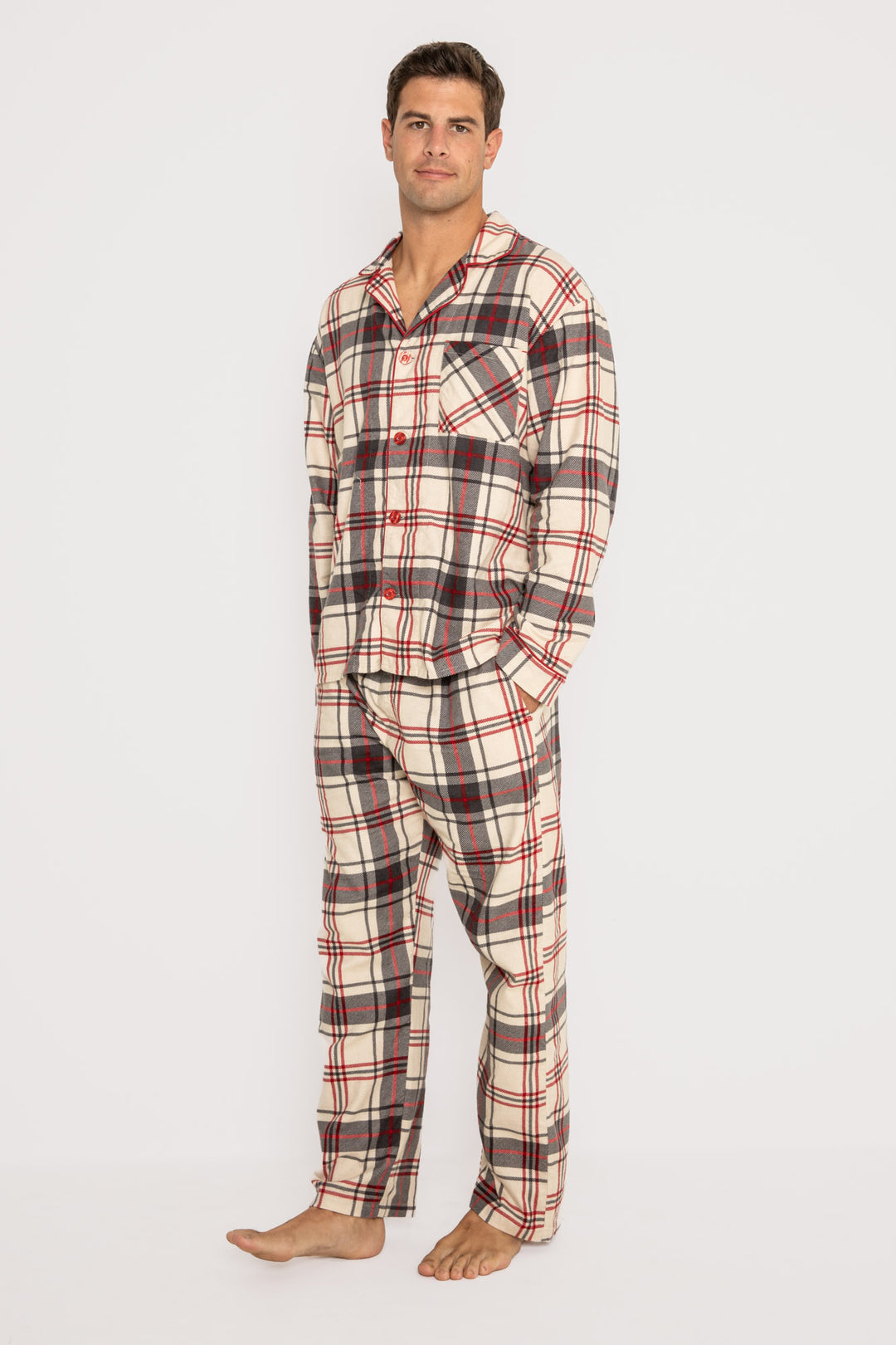 Men's cotton flannel pajama set in tan-red-grey plaid. Button top & tie-waist pj pant, relaxed fit. (7257680019556)