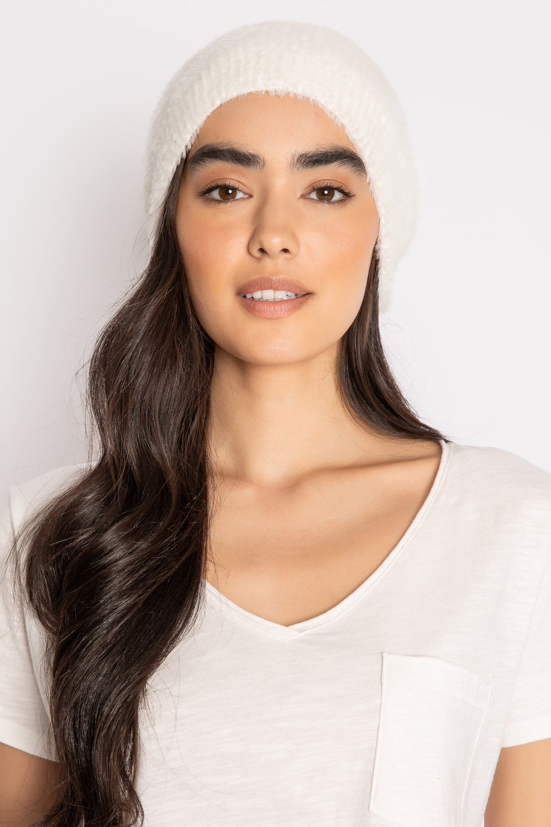 Soft ivory feather knit beanie hat. Ivory pom pom puff on top. Ribbed hat trim. (7257680052324)