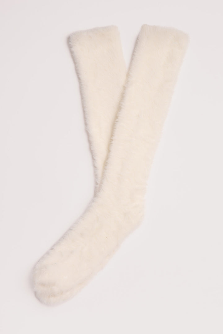 Soft ivory feather knit knee socks. Cozy & perfect winter fluffy socks. (7257680085092)