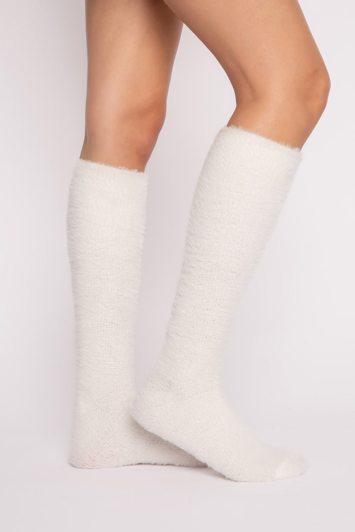 Soft ivory feather knit knee socks. Cozy & perfect winter fluffy socks. (7257680085092)