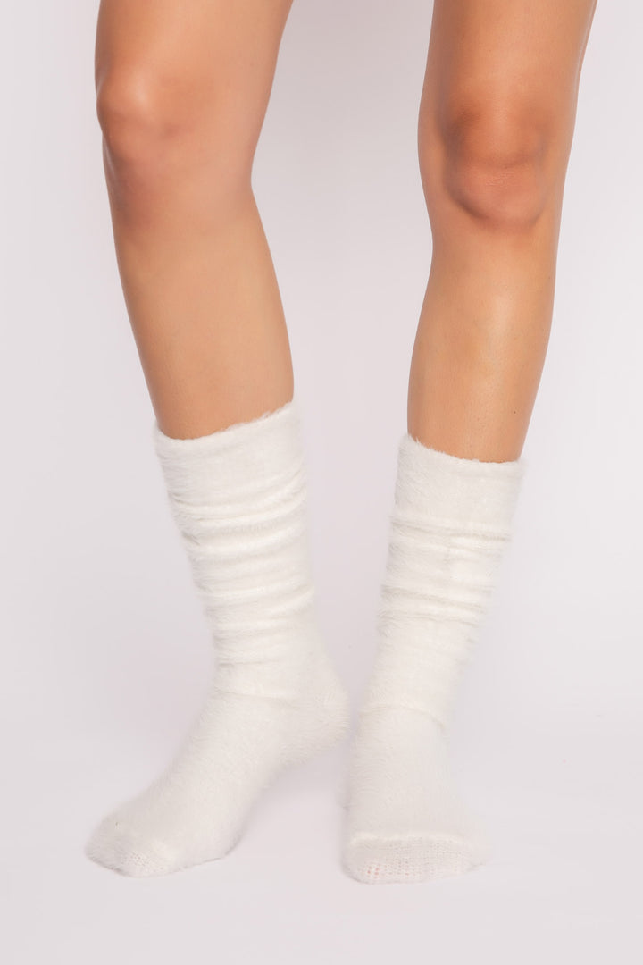 Soft ivory feather knit knee socks. Cozy & perfect winter fluffy socks. (7257680085092)