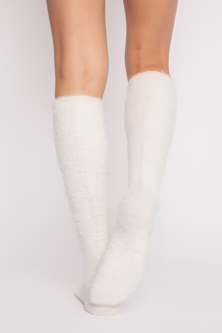 Soft ivory feather knit knee socks. Cozy & perfect winter fluffy socks. (7257680085092)