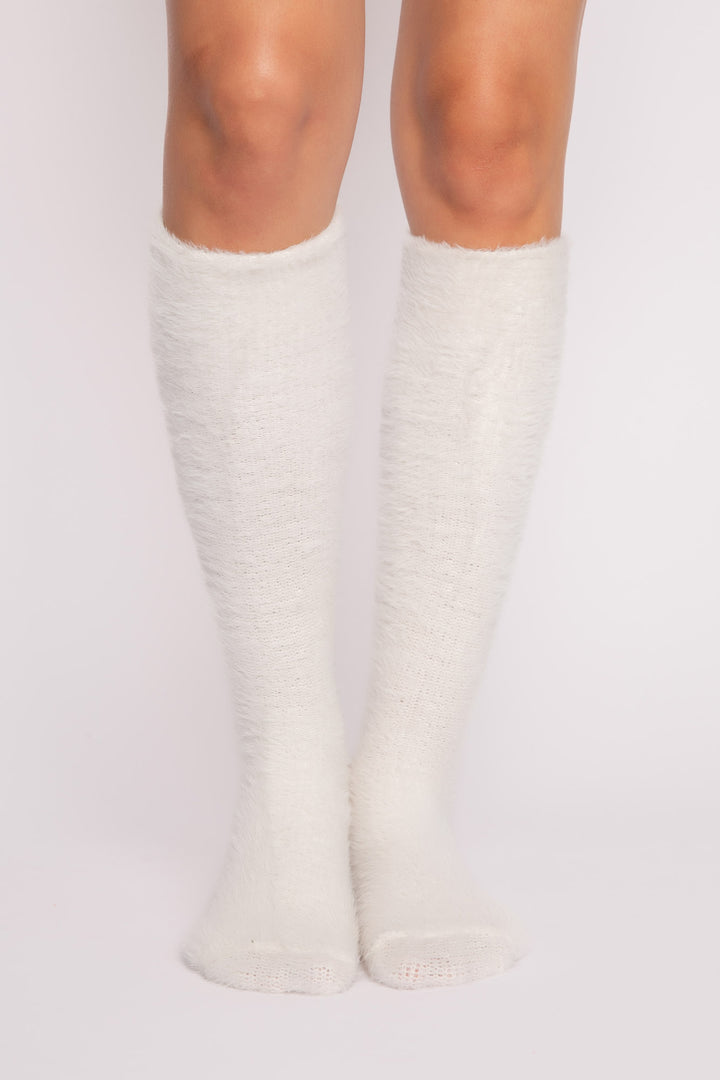 Soft ivory feather knit knee socks. Cozy & perfect winter fluffy socks. (7257680085092)