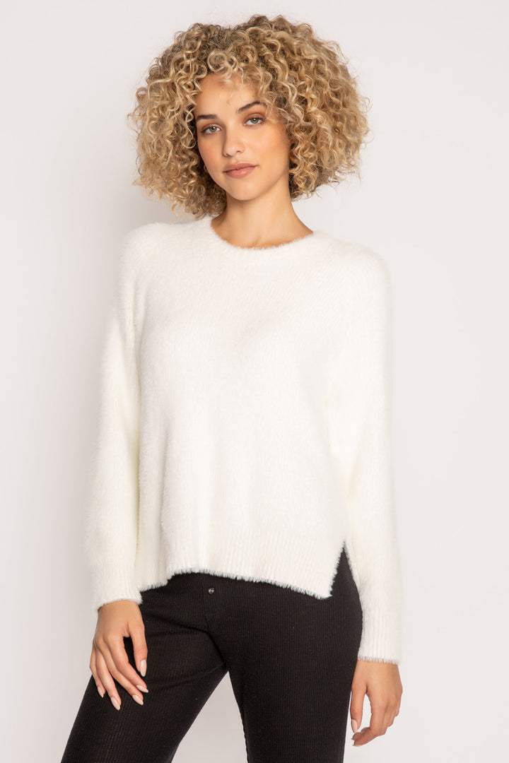 Soft ivory feather knit sweater with relaxed fit. Ribbed hem & sleeve cuffs. Cozy! (7257680117860)