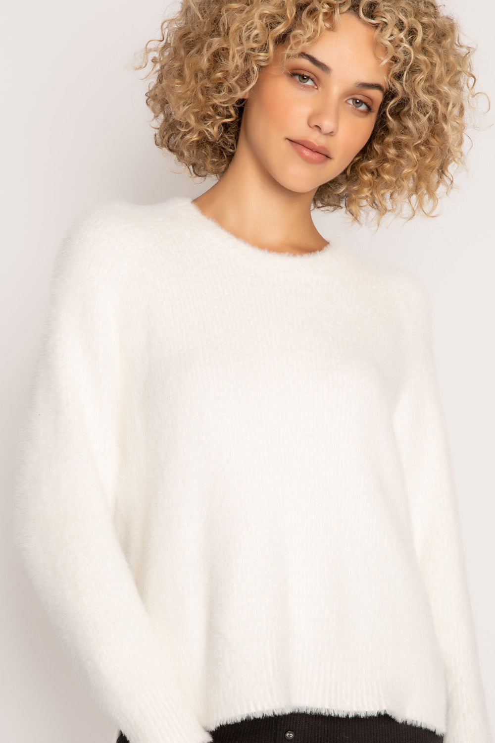 Soft ivory feather knit sweater with relaxed fit. Ribbed hem & sleeve cuffs. Cozy! (7257680117860)