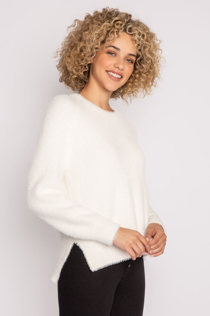 Soft ivory feather knit sweater with relaxed fit. Ribbed hem & sleeve cuffs. Cozy! (7257680117860)