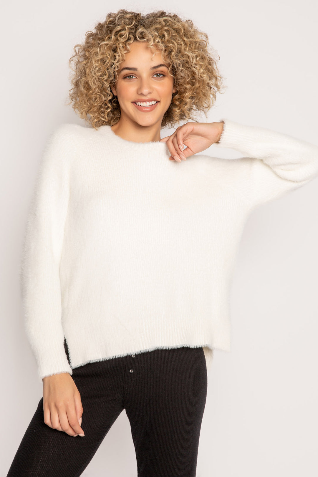 Soft ivory feather knit sweater with relaxed fit. Ribbed hem & sleeve cuffs. Cozy! (7257680117860)