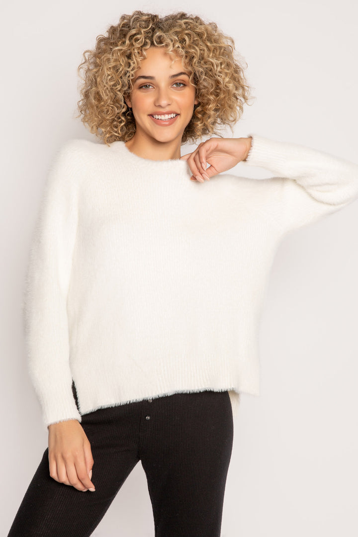 Soft ivory feather knit sweater with relaxed fit. Ribbed hem & sleeve cuffs. Cozy! (7257680117860)