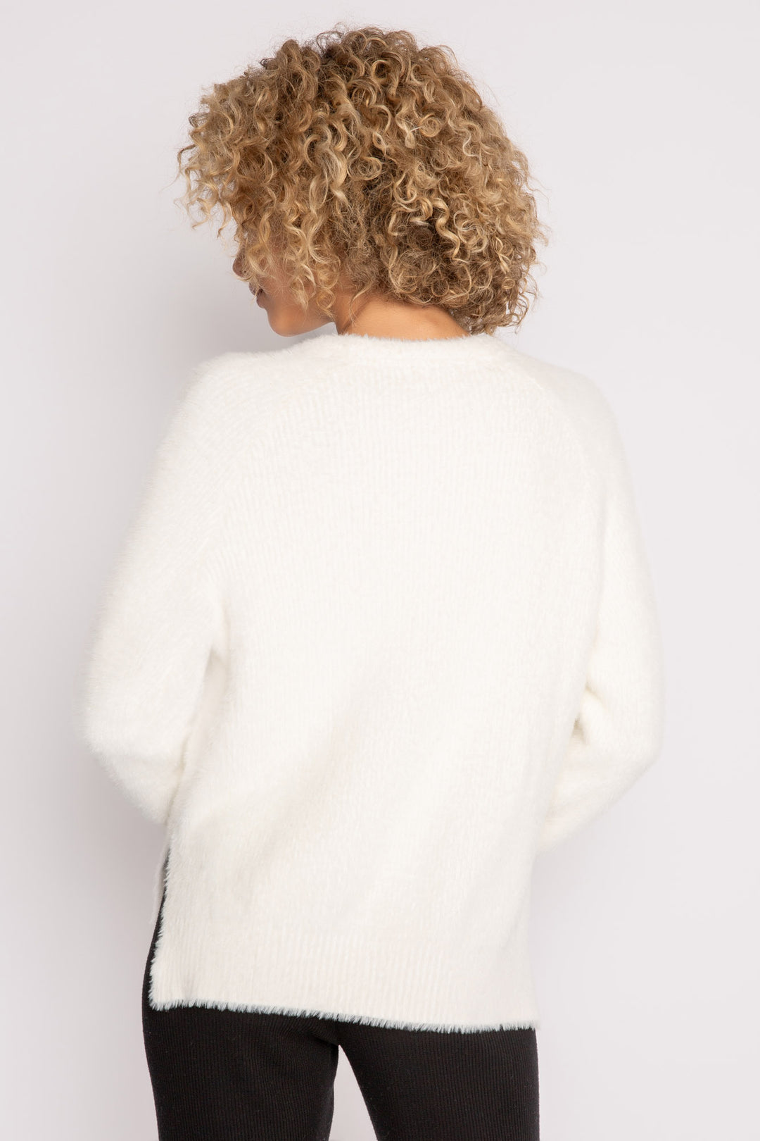 Soft ivory feather knit sweater with relaxed fit. Ribbed hem & sleeve cuffs. Cozy! (7257680117860)