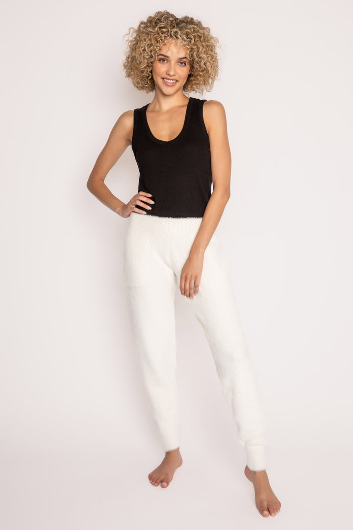 Soft ivory feather knit jogger sweater pant, with relaxed fit. Ribbed cuffs, tie waist & front pockets. (7257680216164)