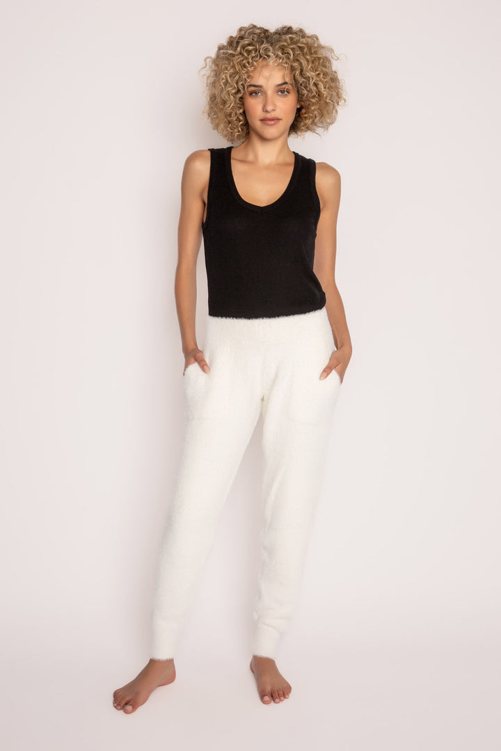 Soft ivory feather knit jogger sweater pant, with relaxed fit. Ribbed cuffs, tie waist & front pockets. (7257680216164)