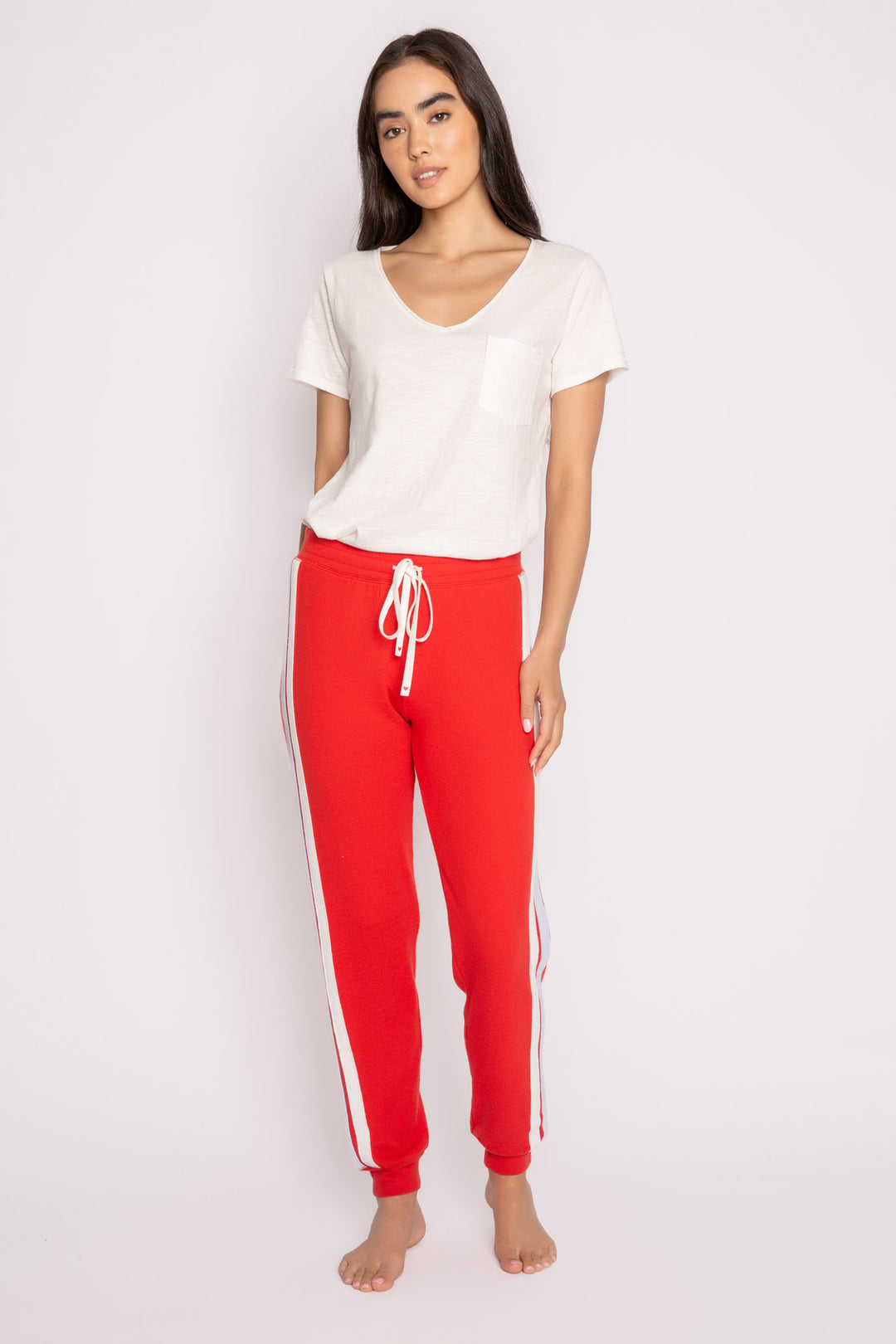 Red soft knit jogger pant with blue & white stripes on side seams. Tie waist with mini heart on ties. (7257680248932)
