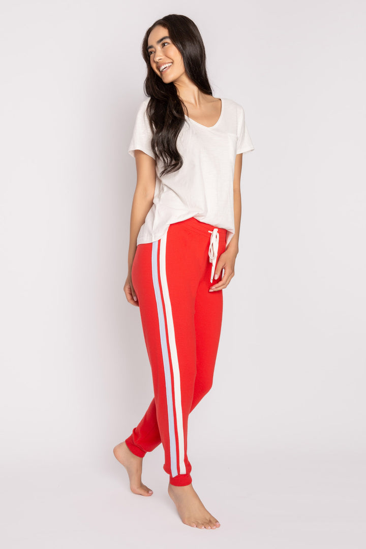 Red soft knit jogger pant with blue & white stripes on side seams. Tie waist with mini heart on ties. (7257680248932)