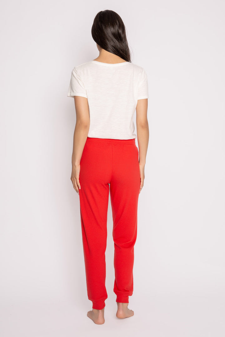 Red soft knit jogger pant with blue & white stripes on side seams. Tie waist with mini heart on ties. (7257680248932)