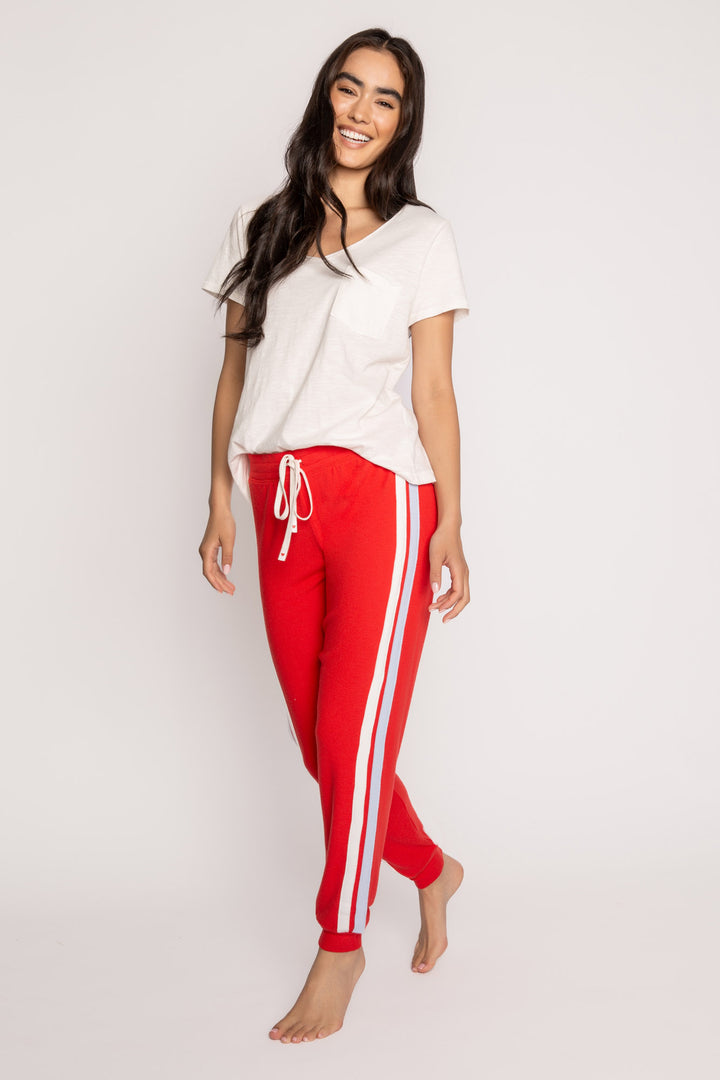 Red soft knit jogger pant with blue & white stripes on side seams. Tie waist with mini heart on ties. (7257680248932)