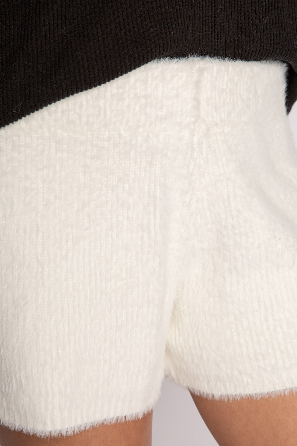 Soft ivory feather knit short with rib waistband. Relaxed, pull-on fit, no ties or pockets. (7257680347236)