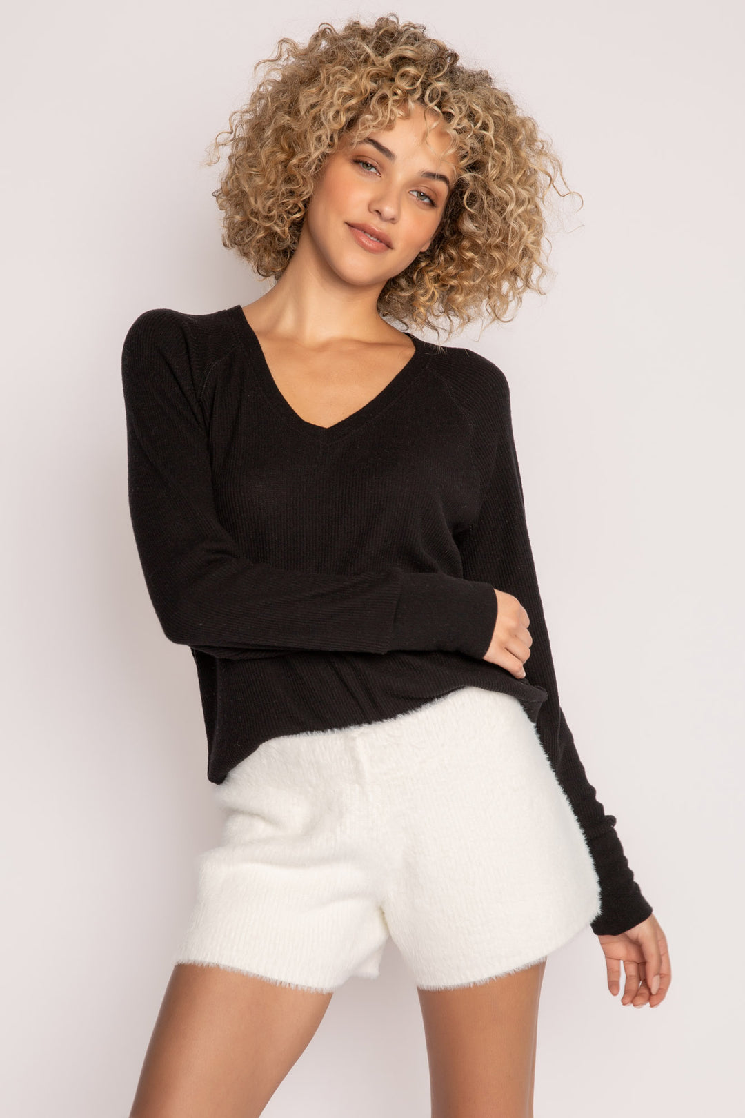 Soft ivory feather knit short with rib waistband. Relaxed, pull-on fit, no ties or pockets. (7257680347236)
