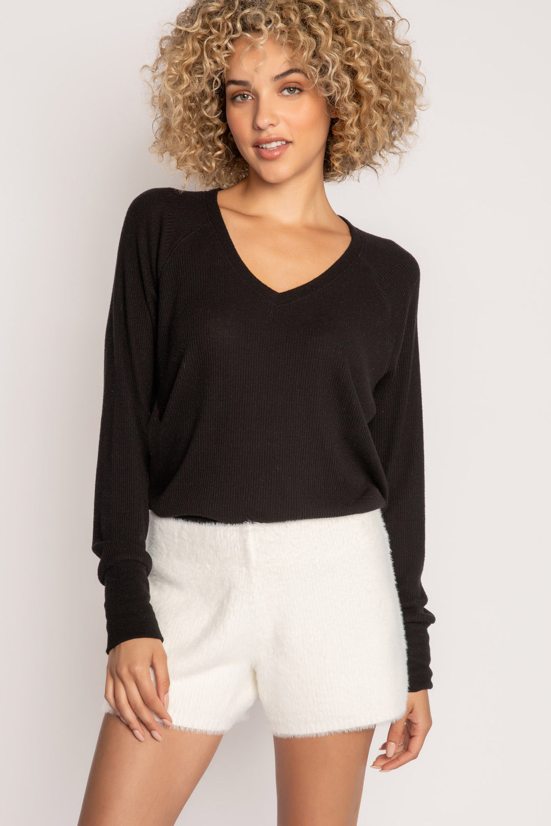 Soft ivory feather knit short with rib waistband. Relaxed, pull-on fit, no ties or pockets. (7257680347236)