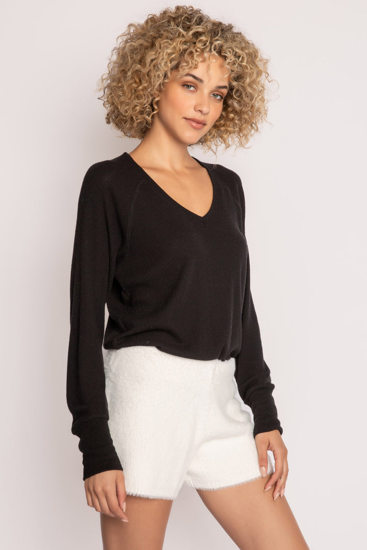 Soft ivory feather knit short with rib waistband. Relaxed, pull-on fit, no ties or pockets. (7257680347236)