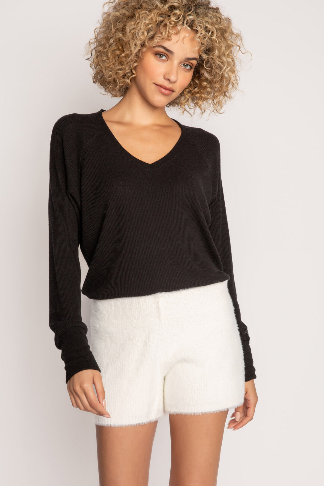 Soft ivory feather knit short with rib waistband. Relaxed, pull-on fit, no ties or pockets. (7257680347236)