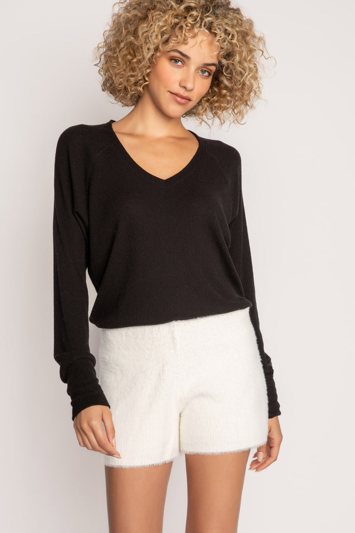 Soft ivory feather knit short with rib waistband. Relaxed, pull-on fit, no ties or pockets. (7257680347236)
