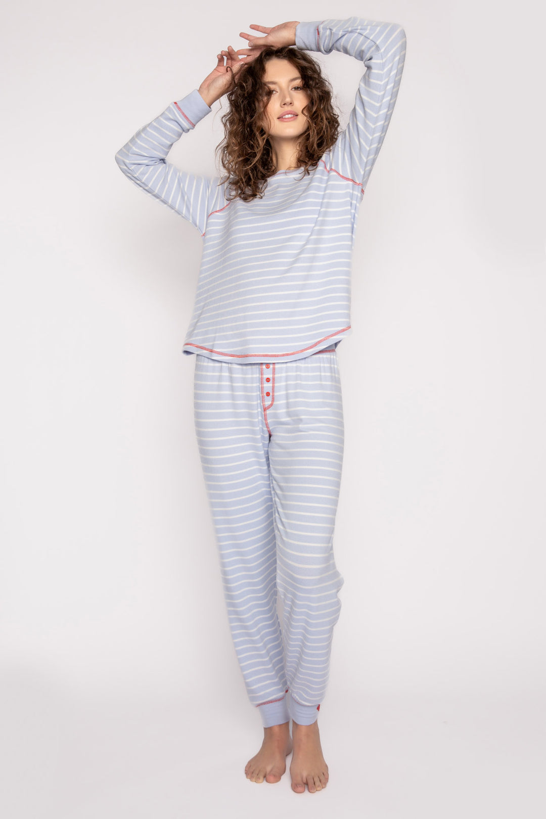 PJ set in blue-white striped knit, red stitching & heart embroidery at sleeve & pant cuffs. Red ties. (7257680314468)